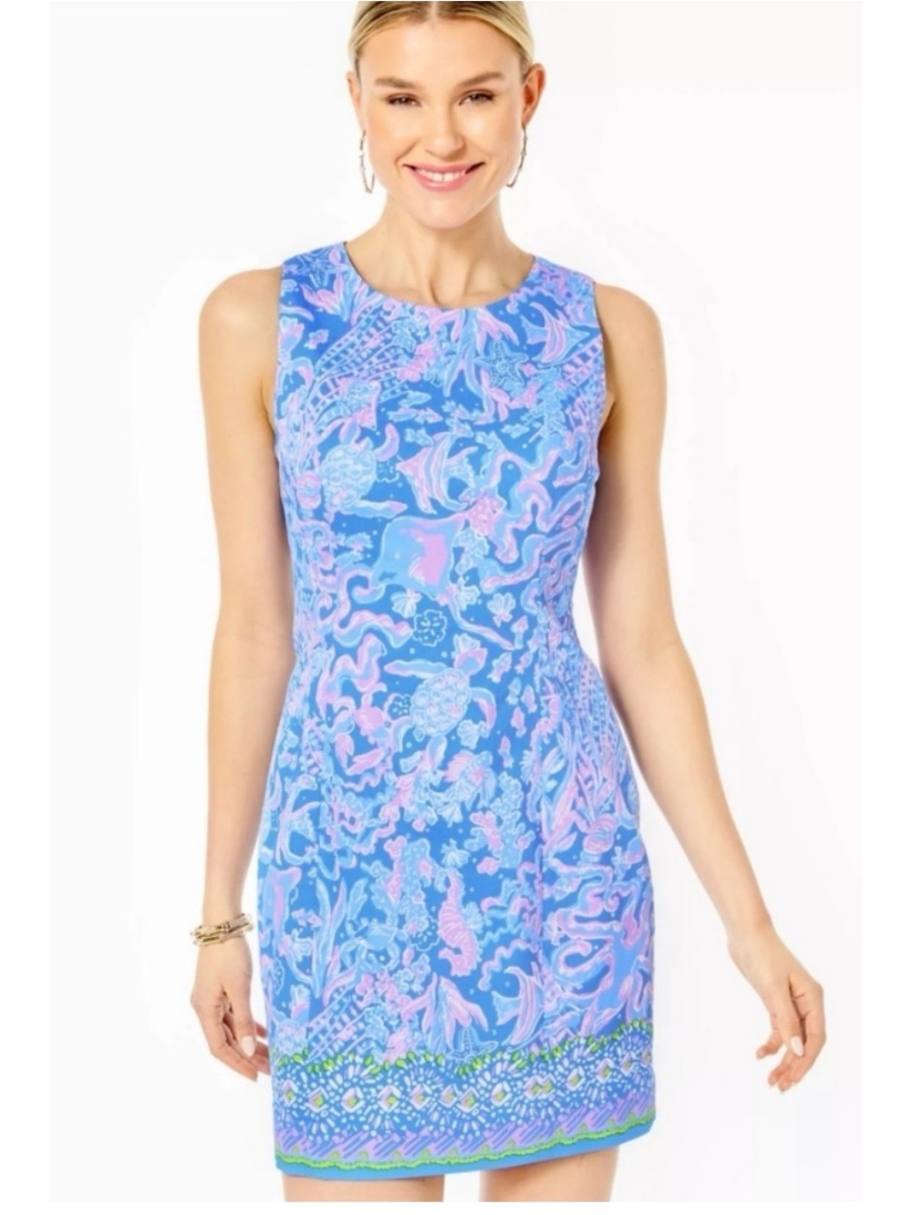 🐟🐟💕EUC Lilly Pulitzer Boca Blue Mila Shift Dress with Pink & Green Ocean Print